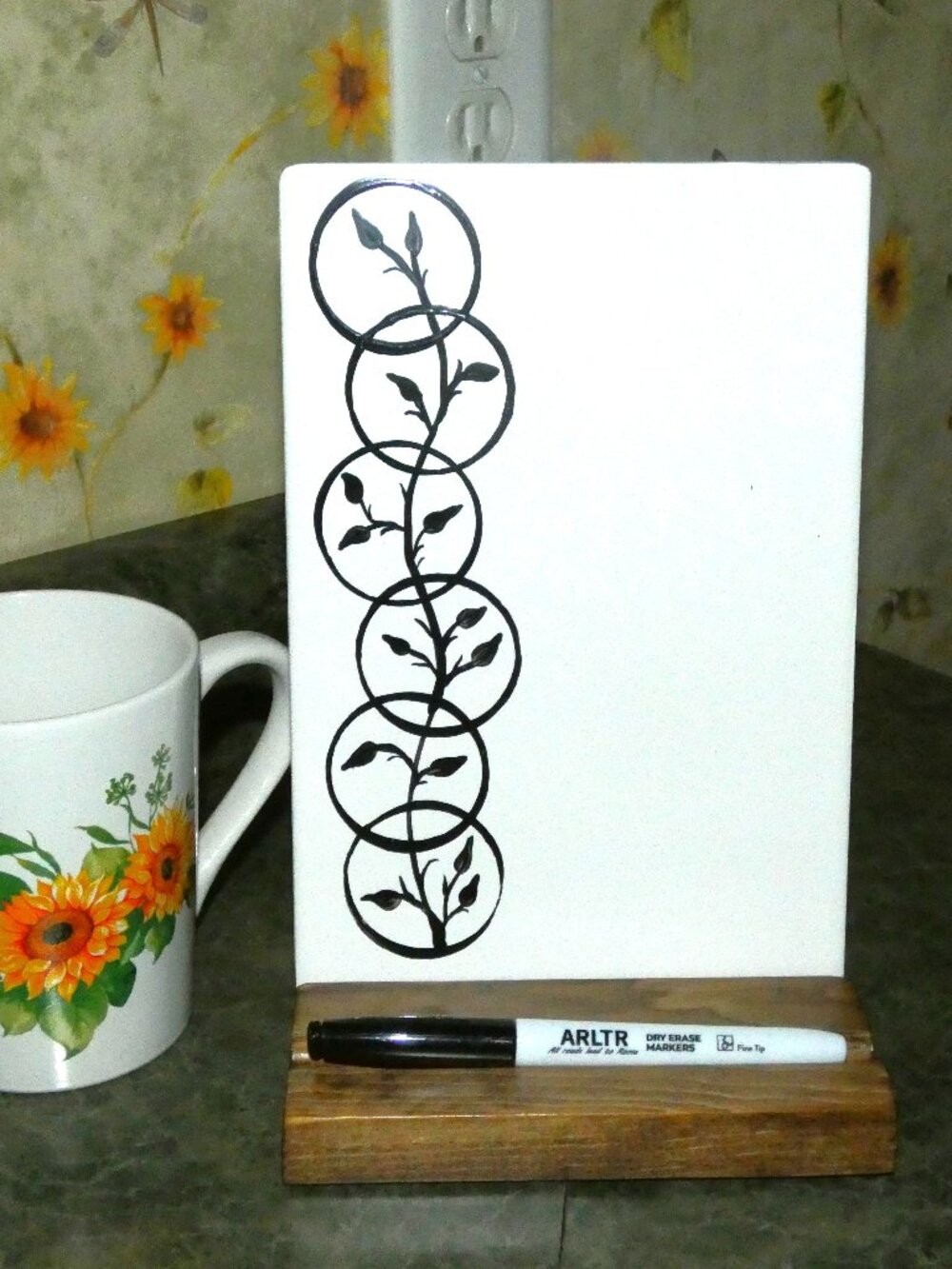 Black Vine Goth Dry Erase Message Board Ceramic Whiteboard with Wood Stand